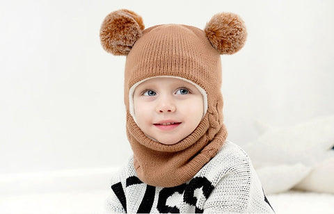 Fleece-Lined Hat with Pom Pom Ears
