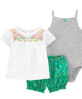 Children's clothing set with a white top, gray tank top, and green shorts on a white background
