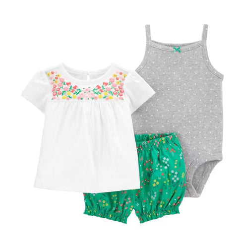 Children's clothing set with a white top, gray tank top, and green shorts on a white background