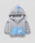 Gray children's hoodie with blue dinosaur ears and face on a white background