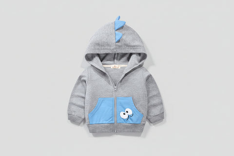 Gray children's hoodie with blue dinosaur ears and face on a white background
