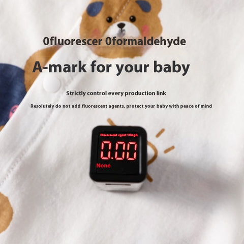 Digital甲醛检测仪 (Digital Formaldehyde Detector) on a baby outfit with text about formaldehyde control.