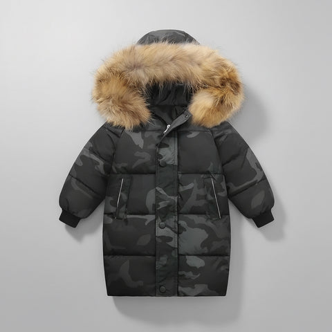 معطف منفوخ بغطاء رأس من الفرو الصناعي