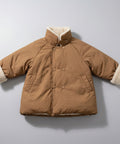 Brown children's puffer coat with white fur lining on a white background