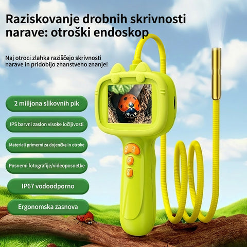 Children's endoscope with features listed on a natural background