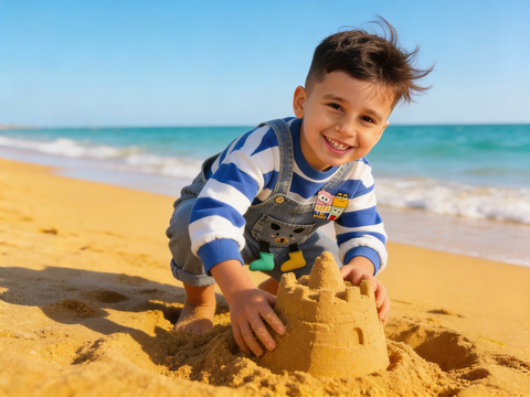 Child building a sandcastle on a beach with ocean in the background
