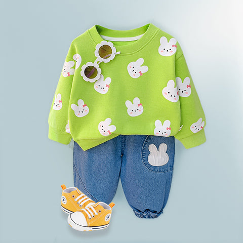 Playful Bunny & Bear Print Sweatshirt and Jeans Set