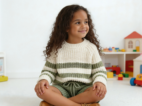 Young girl sitting on a chair wearing a striped sweater in a room with toys.