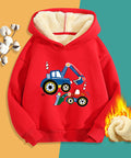Red hoodie with a cartoon truck design on a two-tone background