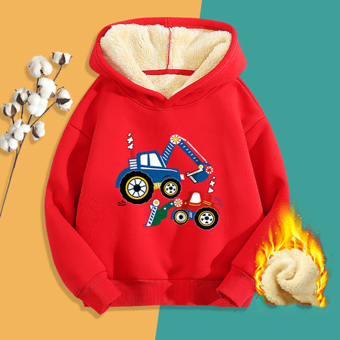Red hoodie with a cartoon truck design on a two-tone background