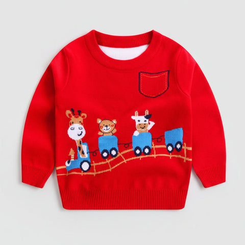 Cotton Sweater with Cartoon Train Motif