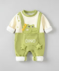 Baby romper with dinosaur design on a yellow background
