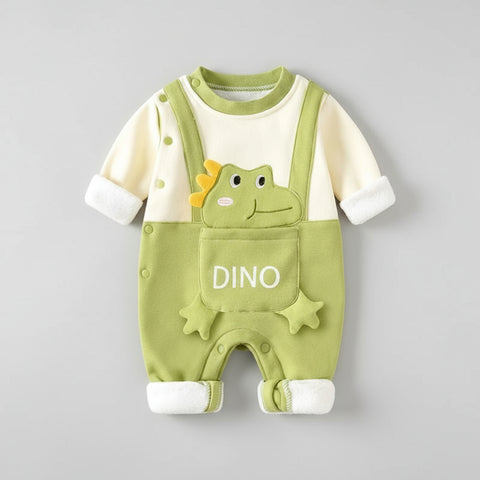 Baby romper with dinosaur design on a yellow background