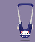 Blue baby harness with a cartoon design on a purple background