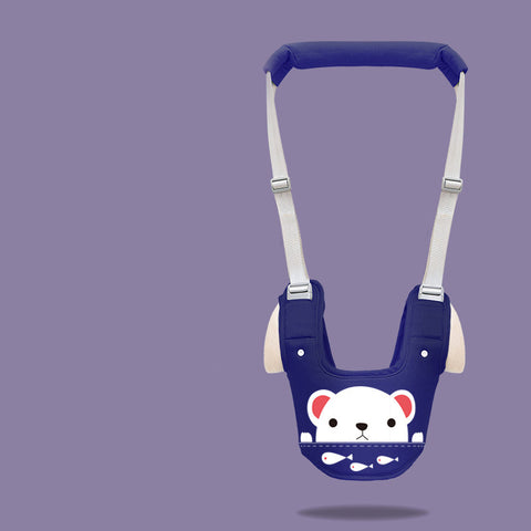 Blue baby harness with a cartoon design on a purple background