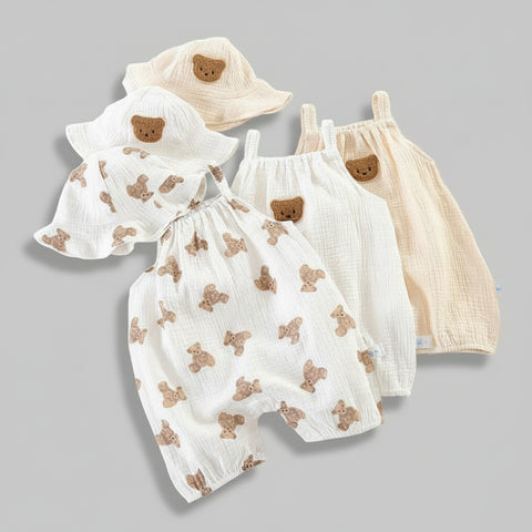 Baby clothing set with bear patterns on a white background