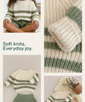 Children's knitted outfit with green and white stripes, displayed with yarn and a cozy blanket.