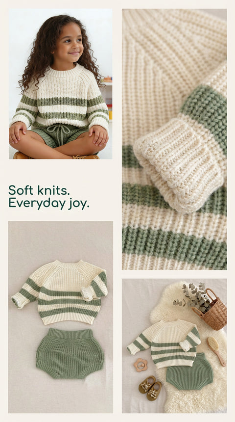 Children's knitted outfit with green and white stripes, displayed with yarn and a cozy blanket.