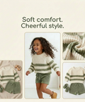 Children's outfit with text 'Soft comfort. Cheerful style.' and close-ups of fabric and clothing.