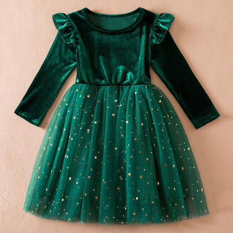 Festive Cotton Velvet Dress with Glittery Star Tulle