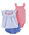 Set of baby clothing including a striped dress with floral embroidery, pink bodysuit with white polka dots, and blue bloomers on a white background.