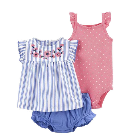 Set of baby clothing including a striped dress with floral embroidery, pink bodysuit with white polka dots, and blue bloomers on a white background.