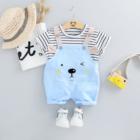 Playful Design Overalls and Cotton T-Shirt Set