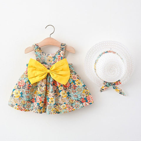 Floral Cotton Dress with Yellow Bow and Sun Hat
