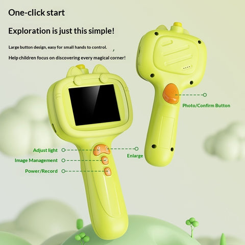 Two green toy devices with buttons and a screen on a light green background