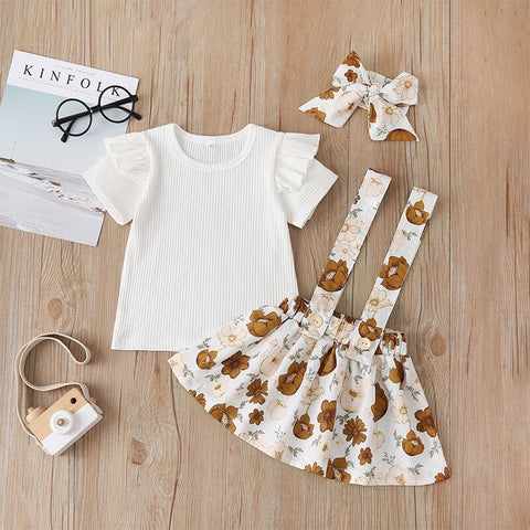 Ruffle Sleeve Tee and Floral Suspender Skirt Set