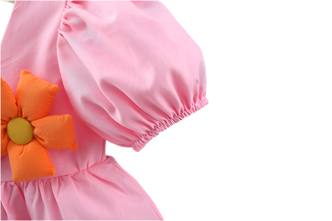 Cotton Puff Sleeve Dress with Floral Appliqué