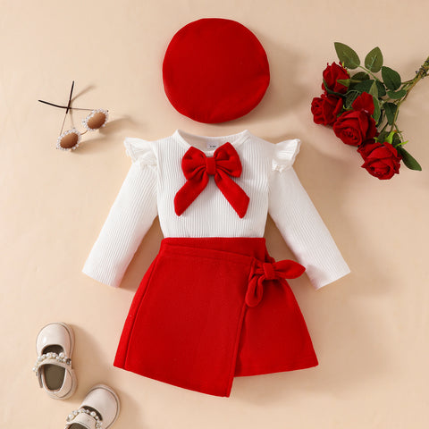 Festive Ribbed Shirt, Skirt, Bow and Beret Set