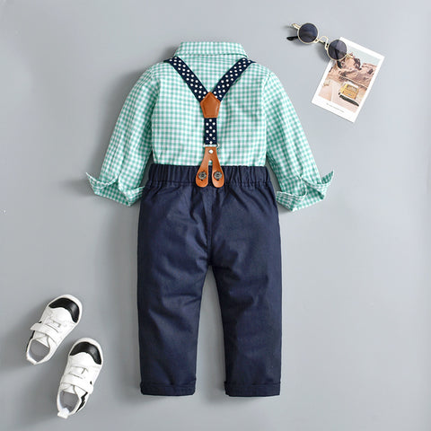 Elegant Plaid Shirt, Suspender Pants and Bow Tie Set