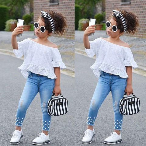 Off-Shoulder Eyelet Blouse and Denim Jeans Set