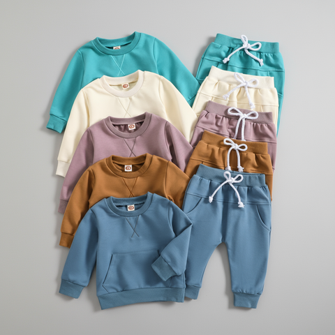 Set of children's sweatshirts and pants in various colors on a white background