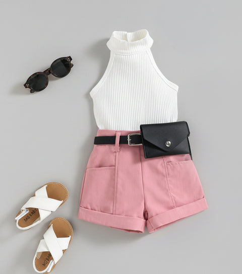 High Neck Sleeveless Top and Belted Shorts Set