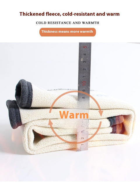 Folded blanket with a measuring tape indicating thickness, text about thickened fleece, cold resistance, and warmth.