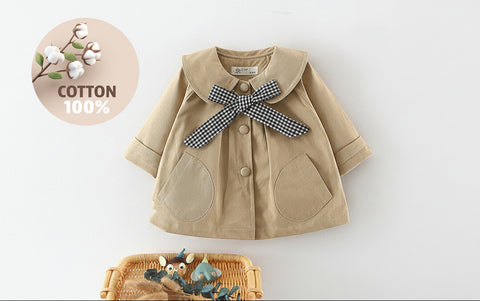 Cotton Trench Coat with Check Bow