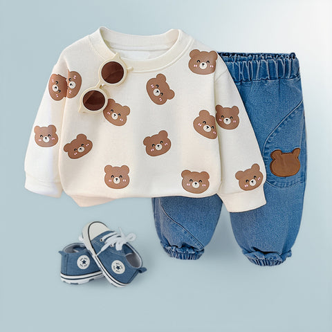 Playful Bunny & Bear Print Sweatshirt and Jeans Set