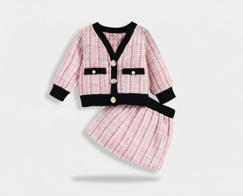 Charming Cotton Cardigan and Plaid  Skirt Set