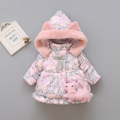 Floral Puffer Jacket and Plush Cat Bag Set