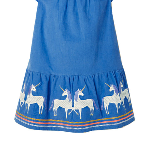 Blue dress with unicorn pattern on a white background