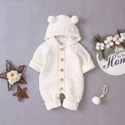 Cozy Knit Hooded Romper with Wooden Buttons