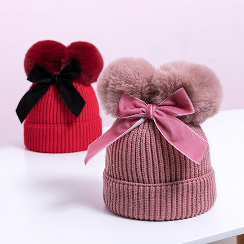 Knit Beanie with Double Pom and Velvet Bow