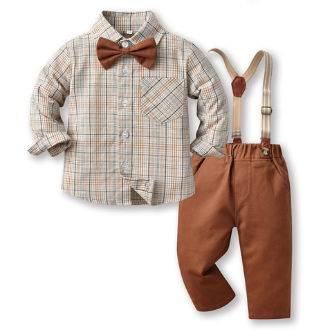 Gentleman Plaid Shirt, Suspender Pants and Bow Tie Set