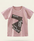 Pink t-shirt with black text on a hanger against a white background