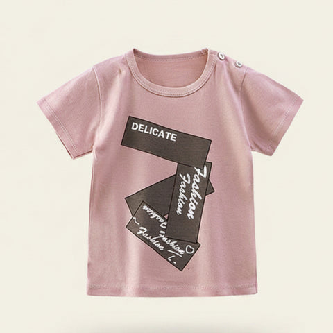 Pink t-shirt with black text on a hanger against a white background