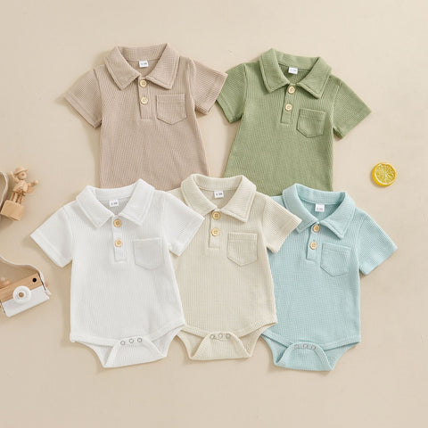 Waffle Knit Polo Cotton Romper with Wooden Buttons