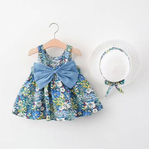 Floral Cotton Dress with Yellow Bow and Sun Hat