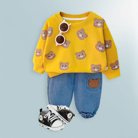 Playful Bunny & Bear Print Sweatshirt and Jeans Set
